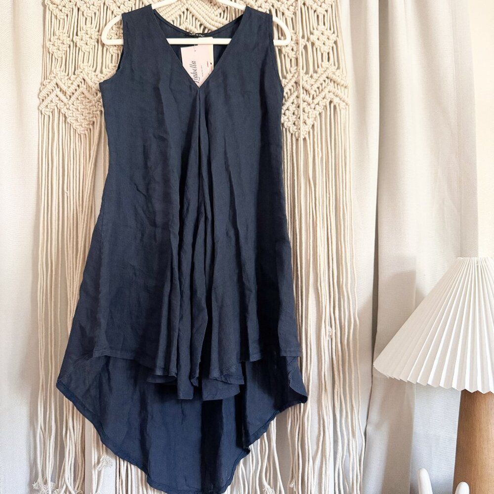 Liabella Navy Blue High-Low Dress 100% Cotton Made in Italy Est. M/L NWT